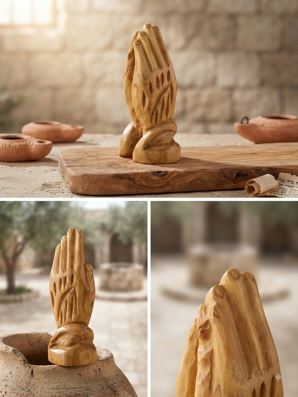 Vintage 1974 Hand-Carved Wooden Praying Hands Sculpture - Natural Wood